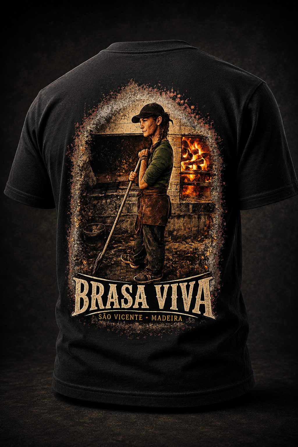 T-shirt Brasa Viva com ilustração do forno a lenha, estampagem nas costas
