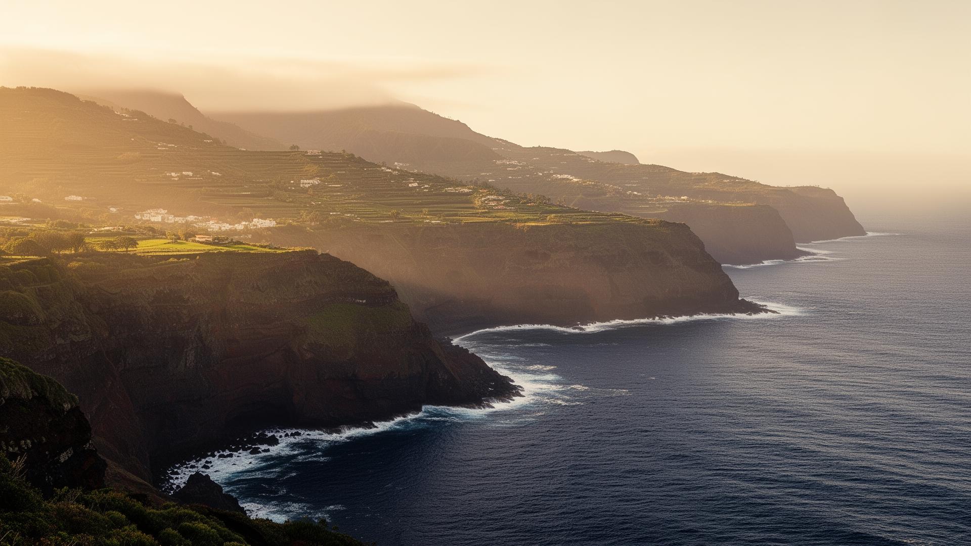 Madeira Island volcanic coastline at golden hour