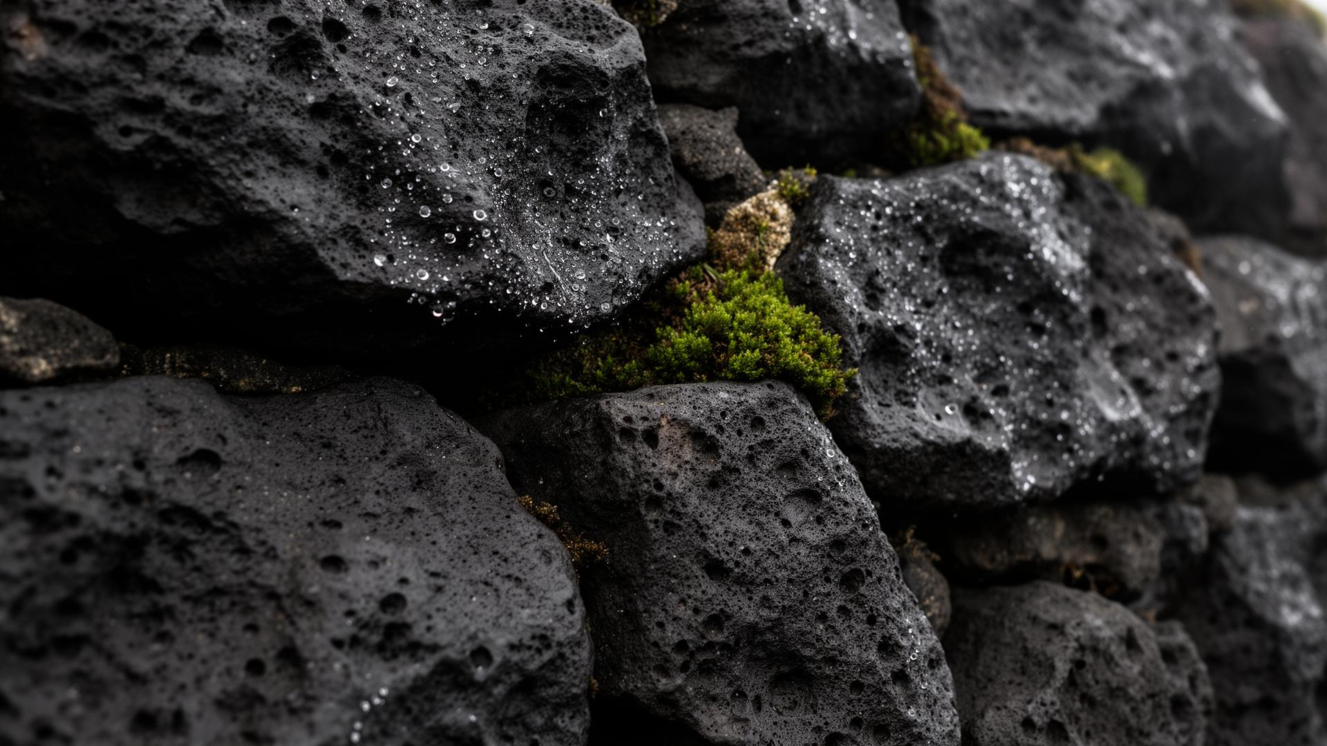 Wet black basalt stone wall with moss in São Vicente, Madeira